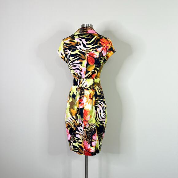 Cache | 90s Vintage Tropical Animal Print Double Breasted Belted Sheath Dress 8 - Picture 7 of 10